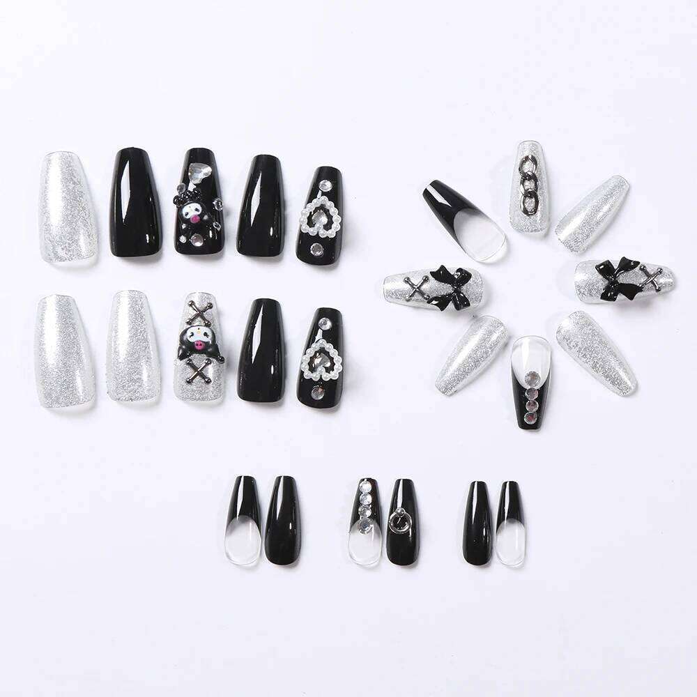 24Pcs 3D kuromi press on nails Y2K Cartoon Handmade Fake Black Gel nail Wearable Nails Cinnamoroll Melody Anime False Nail X250704
