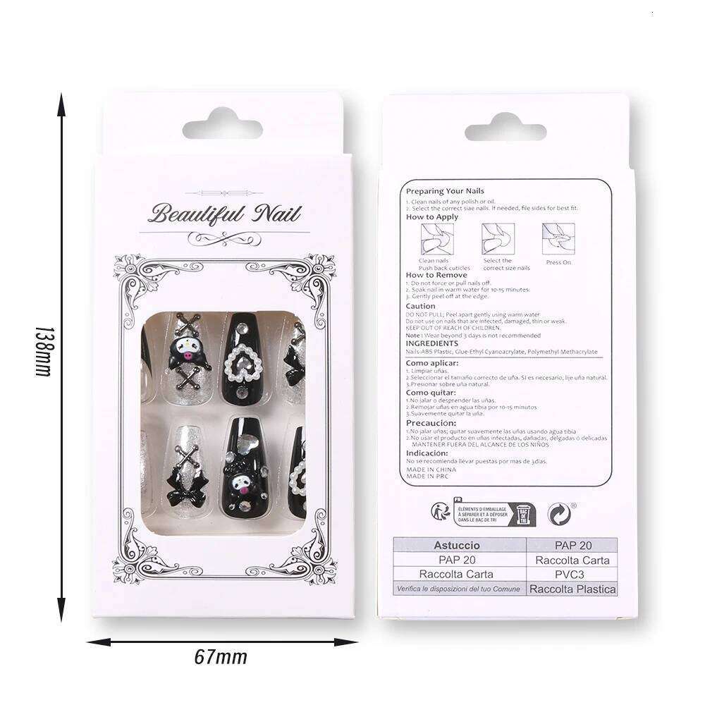 24Pcs 3D kuromi press on nails Y2K Cartoon Handmade Fake Black Gel nail Wearable Nails Cinnamoroll Melody Anime False Nail X250704