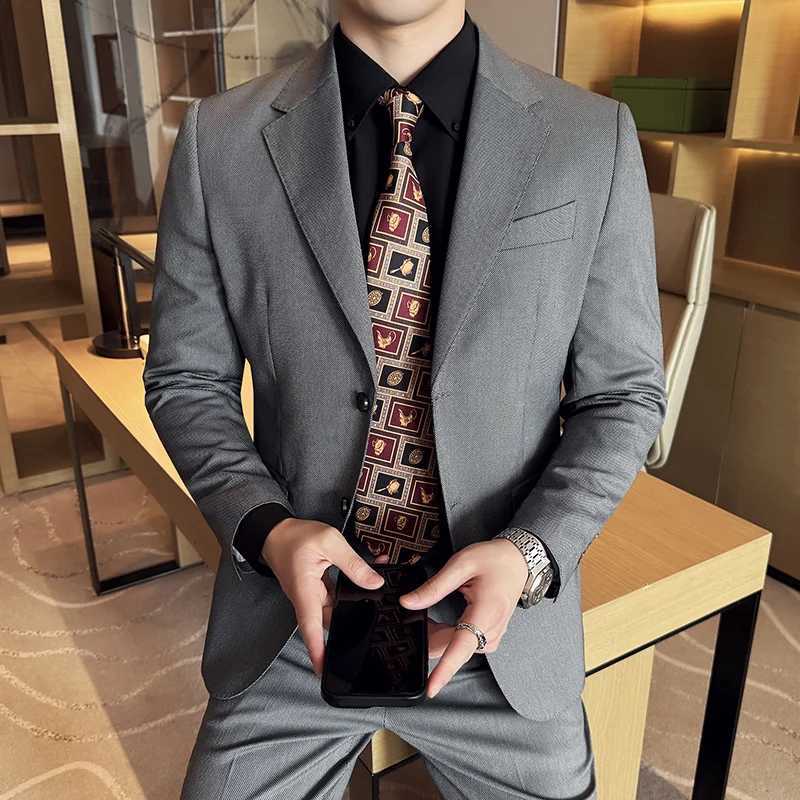 Mens birds eye pattern high-end craftsmanship summer thin suit set two-piece wedding banquet business casual suit X250704
