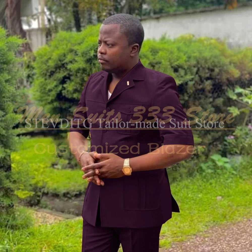 Safari Men Suits with Short Sleeve 2 Pieces Single Breasted Stand Notch Lapel African Fashion Style Set Jacket Pants X250704