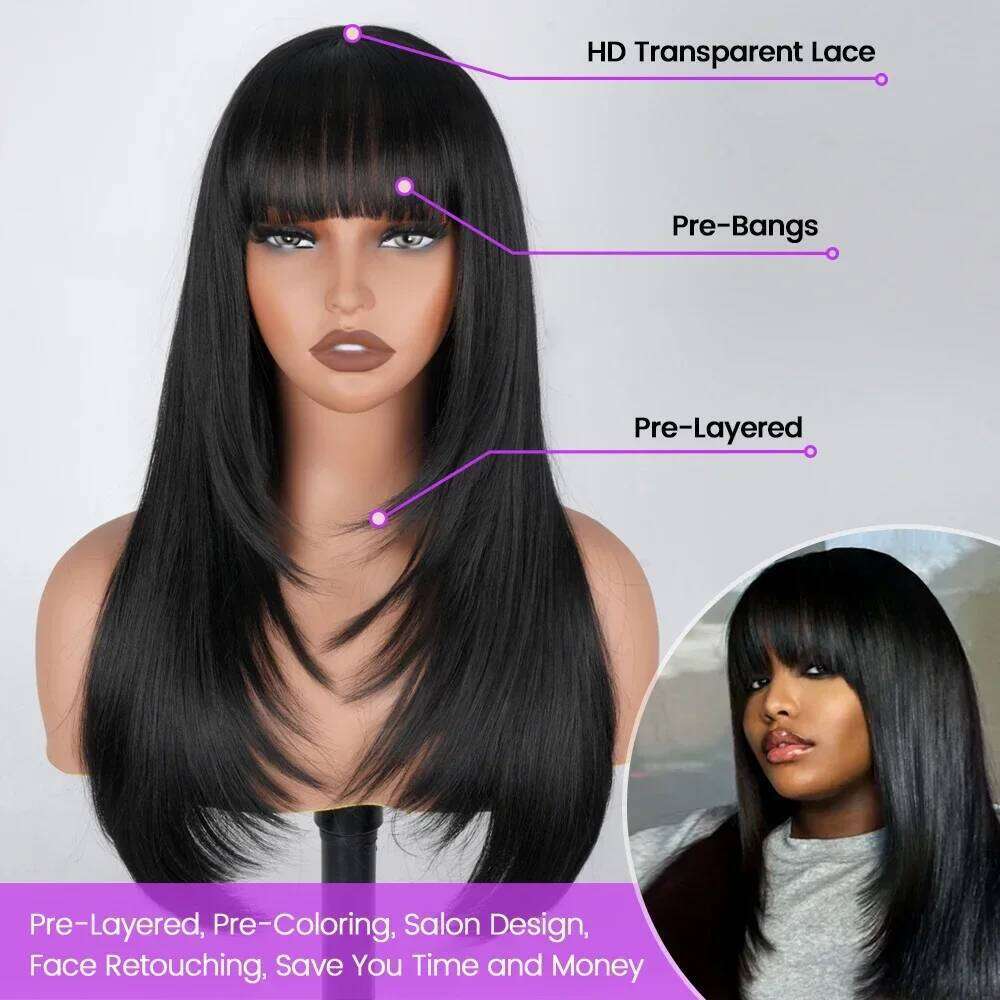 Cut For Women 3X1 HD Lace Synthetic Layered with Bangs Natural Black Straight Glueless Wigs