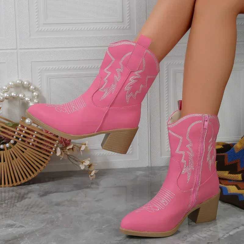 Women Vintage Chunky Heels Western Cowboy Boots Block Heels PU Leather Ankle Booties WomanAutumn Winter Embroidered Knight Boots Z250704