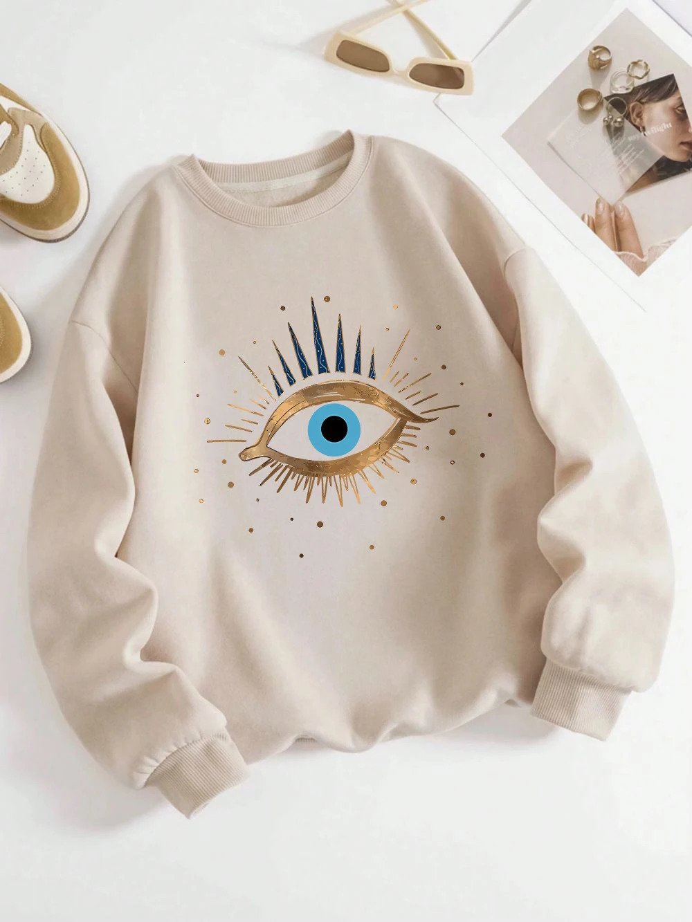 Casual Womens Sweatshirt Vintage Devils Eye Prints Pullover Soft Breathable Loose Crewneck Hoodie Autumn Winter Female Clothing 250704