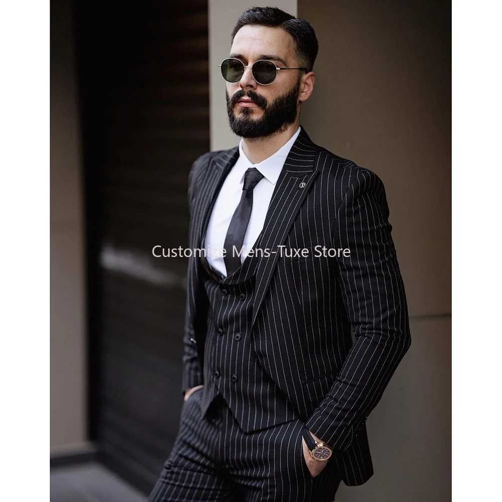 igh Quality Black Pinstripe Men Suits Single Breasted Peak Lapel Formal Wedding with Piece Jacket Pants Vest Slim Fit Blazer Set X250704