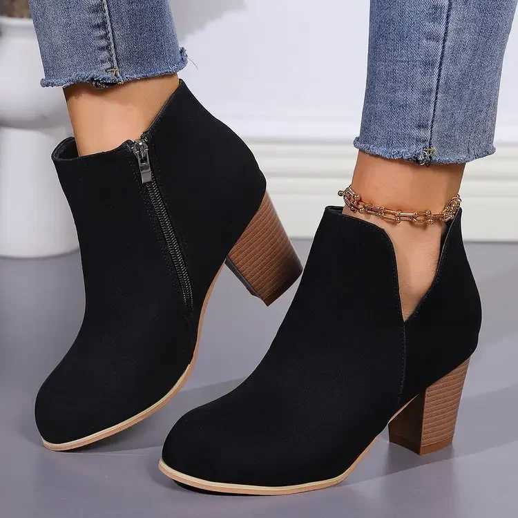 Womens Fashion Ankle Boots Chunky High Heels Boots Female New Trendy Autumn Winter Outdoor Mid-heel Side Zipper Booties Mujer Z250704