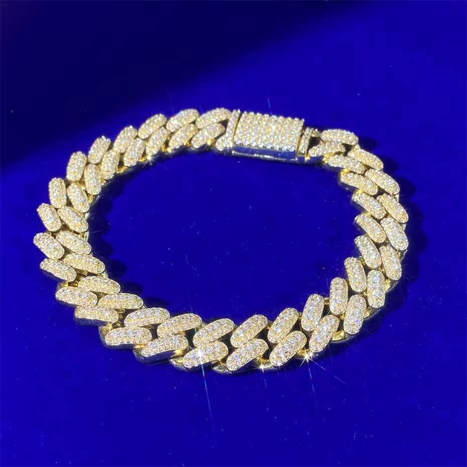 New Luxury Hip Hop Jewelry 12MM Iec Out Vvs D Moissanite Diamond 925 Silver Cuban Chian Bracelet for Men