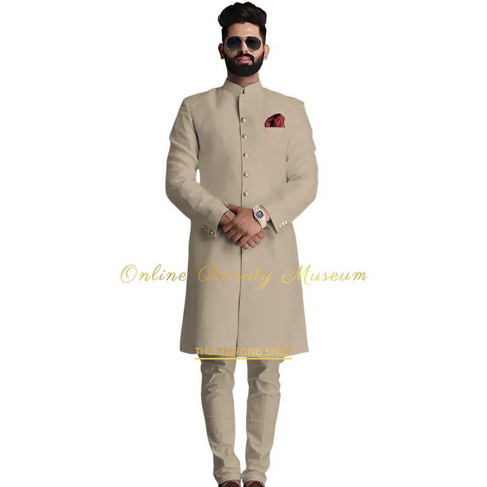 Indian and Arabian Style Mens 2-piece Suit | Long Coat with Golden Buttons | Traditional Wedding Wear | Perfect for Groom X250704