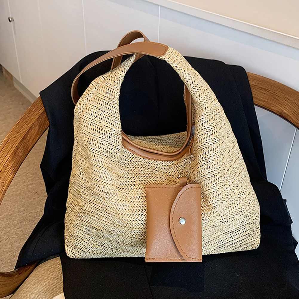 Women Stylish Knit Shoulder Bag Wear Resist Hand Woven Shoulder Bag Vacation Straw Handbag Leisure Bag with Matching Clutch 250701
