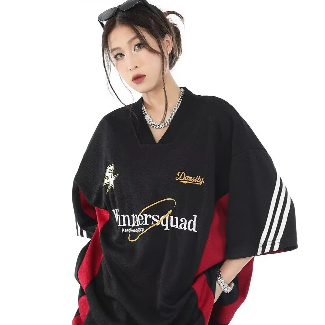 Y2K Basketball T Shirts Women Sporty Short Sleeve Tees Hip Hop Embroidery V-neck Tops Plus Size Streetwear Summer Clothes 250625