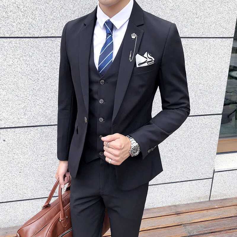 Boutique mens business casual suit suit summer thin section solid color suit dress three-piece suit X250704