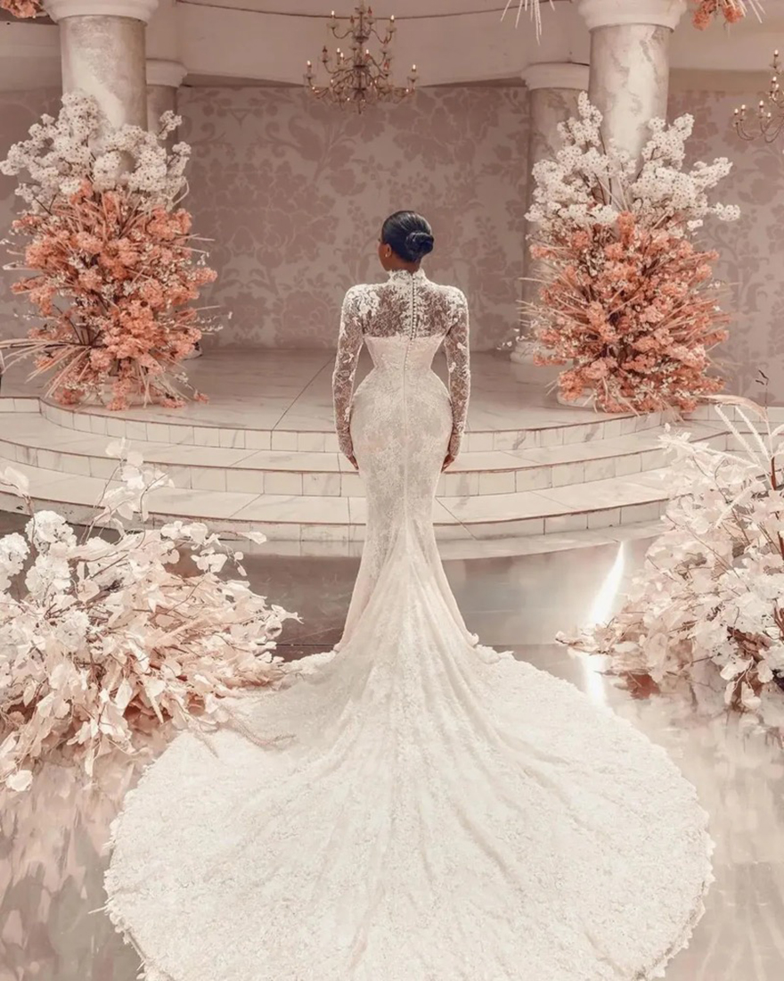 Muslim Lace Mermaid Wedding Dresses 2025 High Neck Long Sleeve Robe De Soiree Boho Bridal Gowns Custom Made Bride Dress