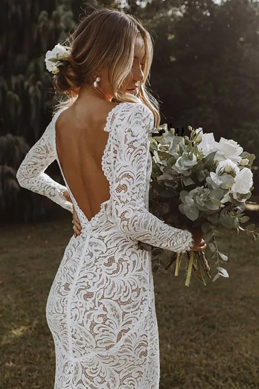 Backless Lace Mermaid Wedding Dresses 2025 Long Sleeves Country Style Bridal Gowns Custom Made Bohemian robes de mariee