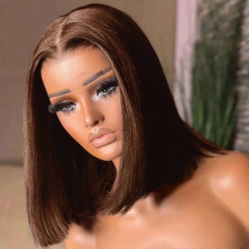 Straight 100% #4 Brown Bob 13x4 HD Lace Frontal Human Hair Wigs 8-16Inch For Women 200% Density