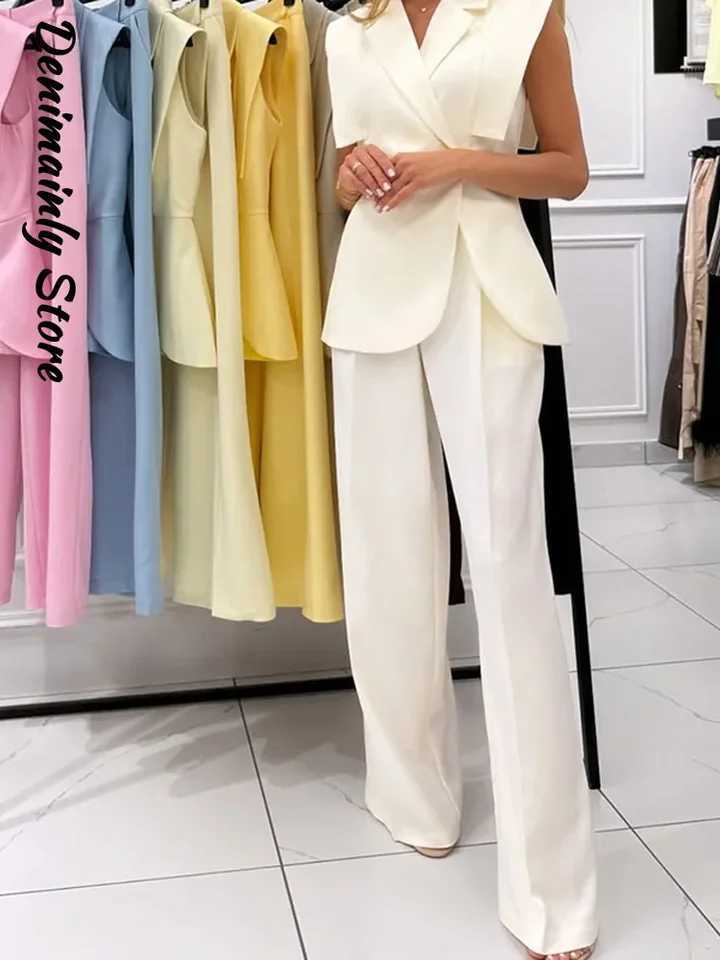 Elegant Shoulder Pads Waistcoat Pants Set Women Lapel Two Buttons Slveless Blazer Wide Leg Pants 2025 Summer Lady Office Suit X250704
