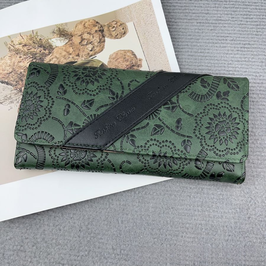 Free Shipping Designer Bag Women's Long Wallet Premium Leather Embossed Retro Chinese Style Clutch Fashion Simple Color Block
