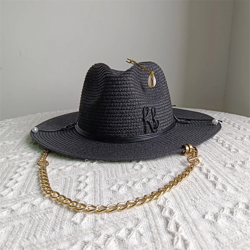 Womens Beach Hat Black Letter Ribbon Decoration Elegant Womens Party Dress Hat Travel Beach Sun Hat 250701