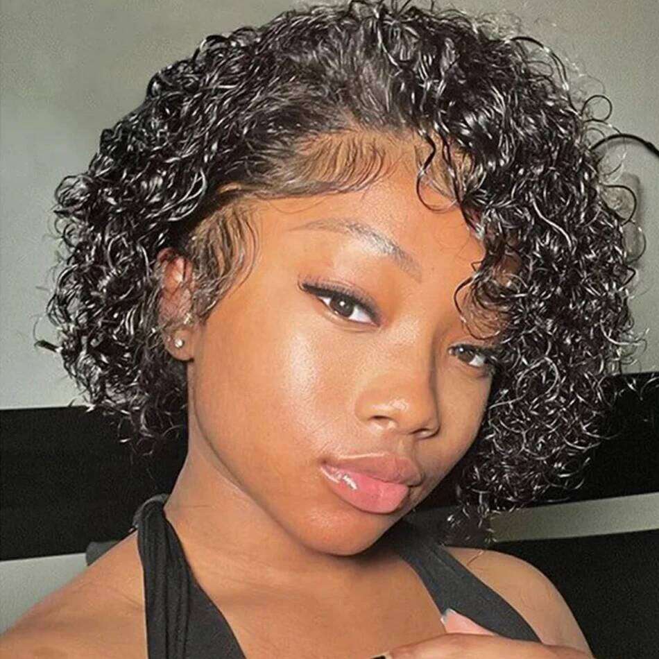 Curly Pixie Cut Water Curl Short Bob Human For Women 13X1 Transparent Lace Hair Cheap Wig Pre Plucked