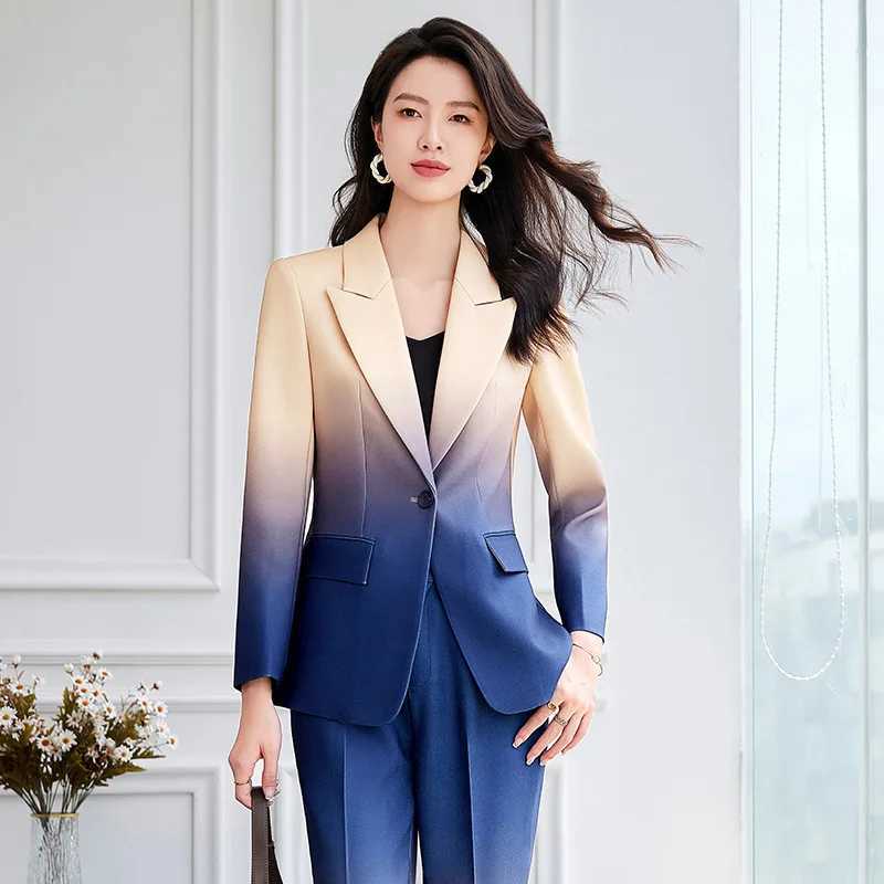 HIGH STRT Newest Fashion 2024 Designer Suit Set Womens Gradient Color Printed Single Button Blazer Flare Pants Suit X250704