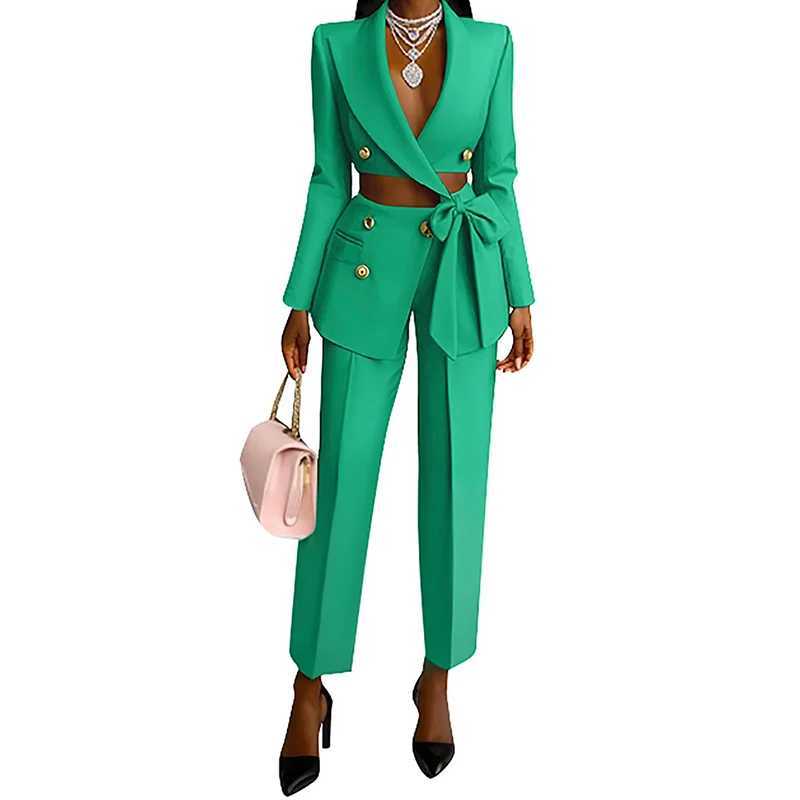 Elegant Lapel Bow Lace-up Blazer Long Pant Set Women Casual Long Slve Solid Two Piece Suit Fashion Button Commuting Outfits X250704