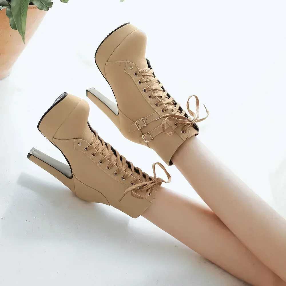 New Womens Pumps Shoes Womens Thick Sole Boots Lace Up Ladies Ankle Boots Comfortable Stiletto Heels Botas Altas Mujer Z250704