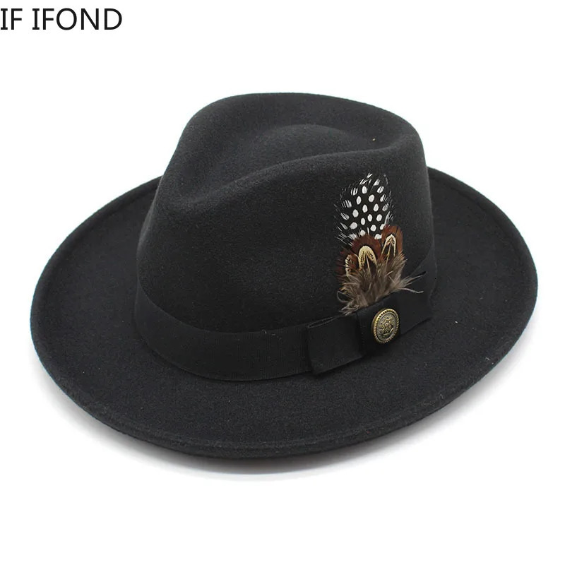 Feather band Wool Felt Fedora Hat Men Curved Brim Panama Party Trilby Cowboy Cap Gentleman Wedding Jazz Hat 250701