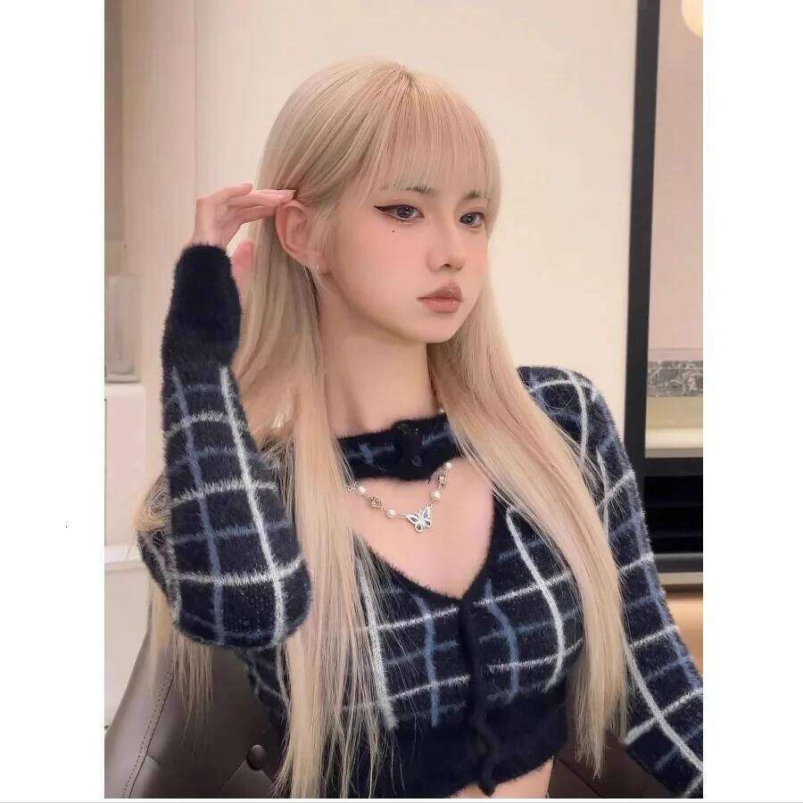 Blonde Synthetic Wig Women Show White Natural Age Reduction Bangs Soft All-Match Style Long Straight Hair Full Head Cover