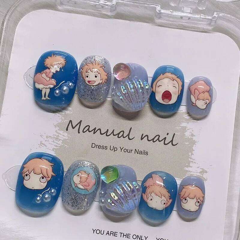 Acrylic Press on With 3d Designs Kawaii Sea Shell Full Cover Artificial Blue Color Handmade Japanese Manicuree Nails X250704