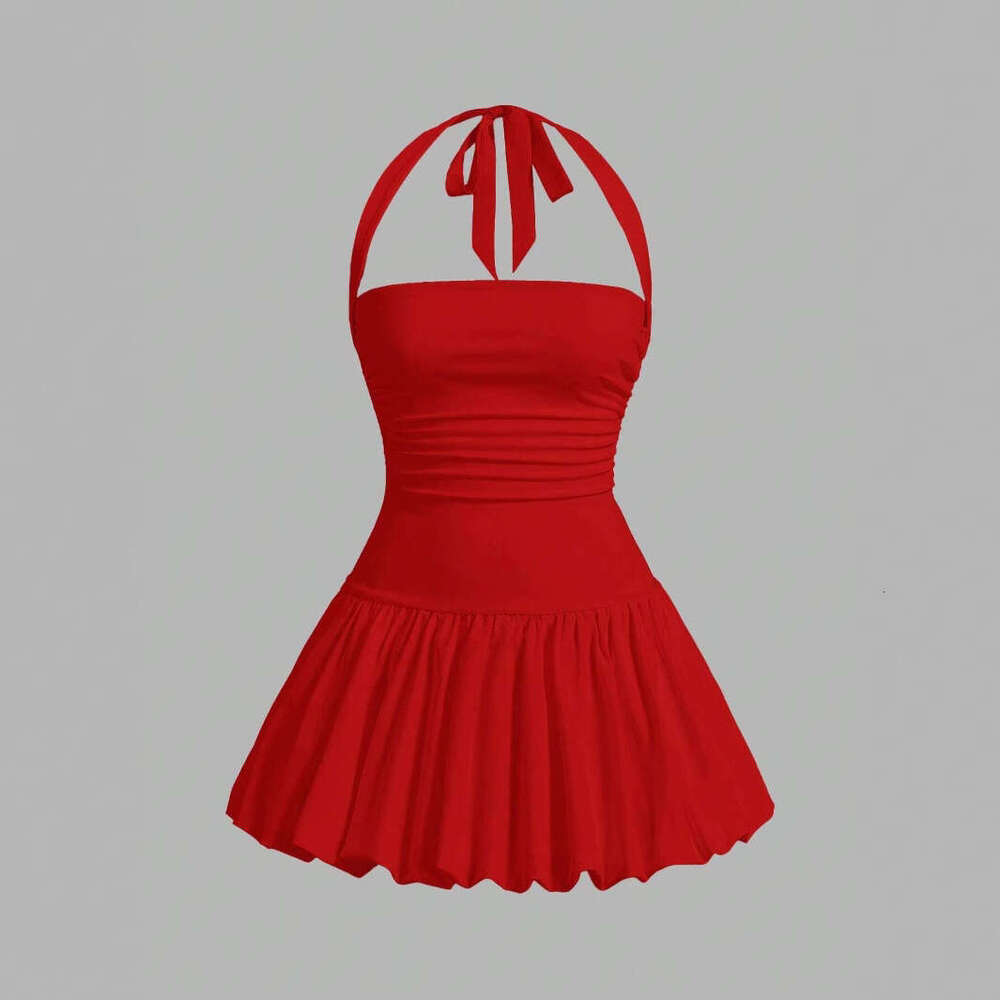 European and American Women's Summer Sexy Street Solid Color Back Tie Strap Sleeveless Halter Birthday Party Dress 2025 New Casual Versatile Fash