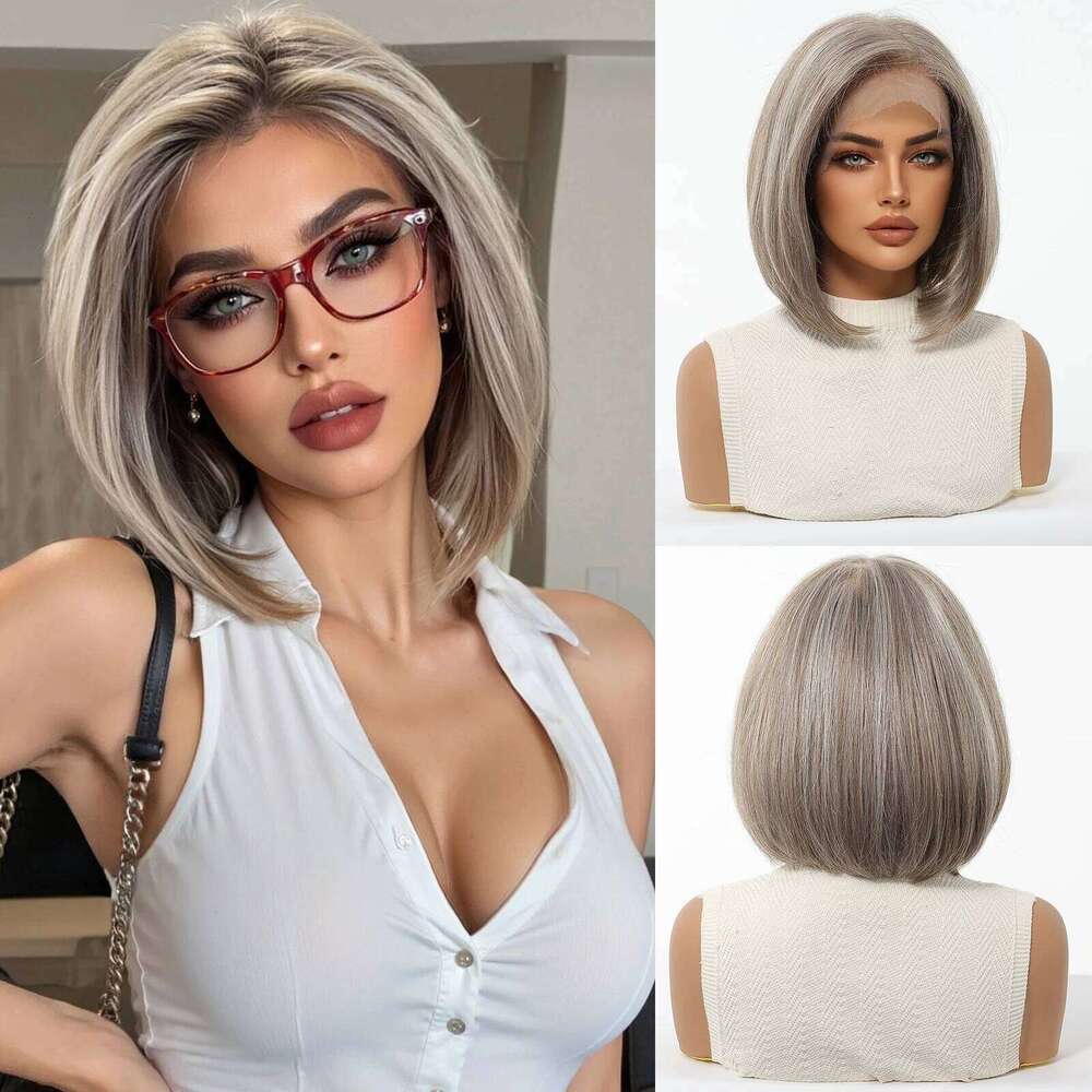 13*6 HD Lace Front Blonde Mixed Brown Synthetic Wigs For Women Daily Party Short Straight Natural Fake Hair Heat Resistant