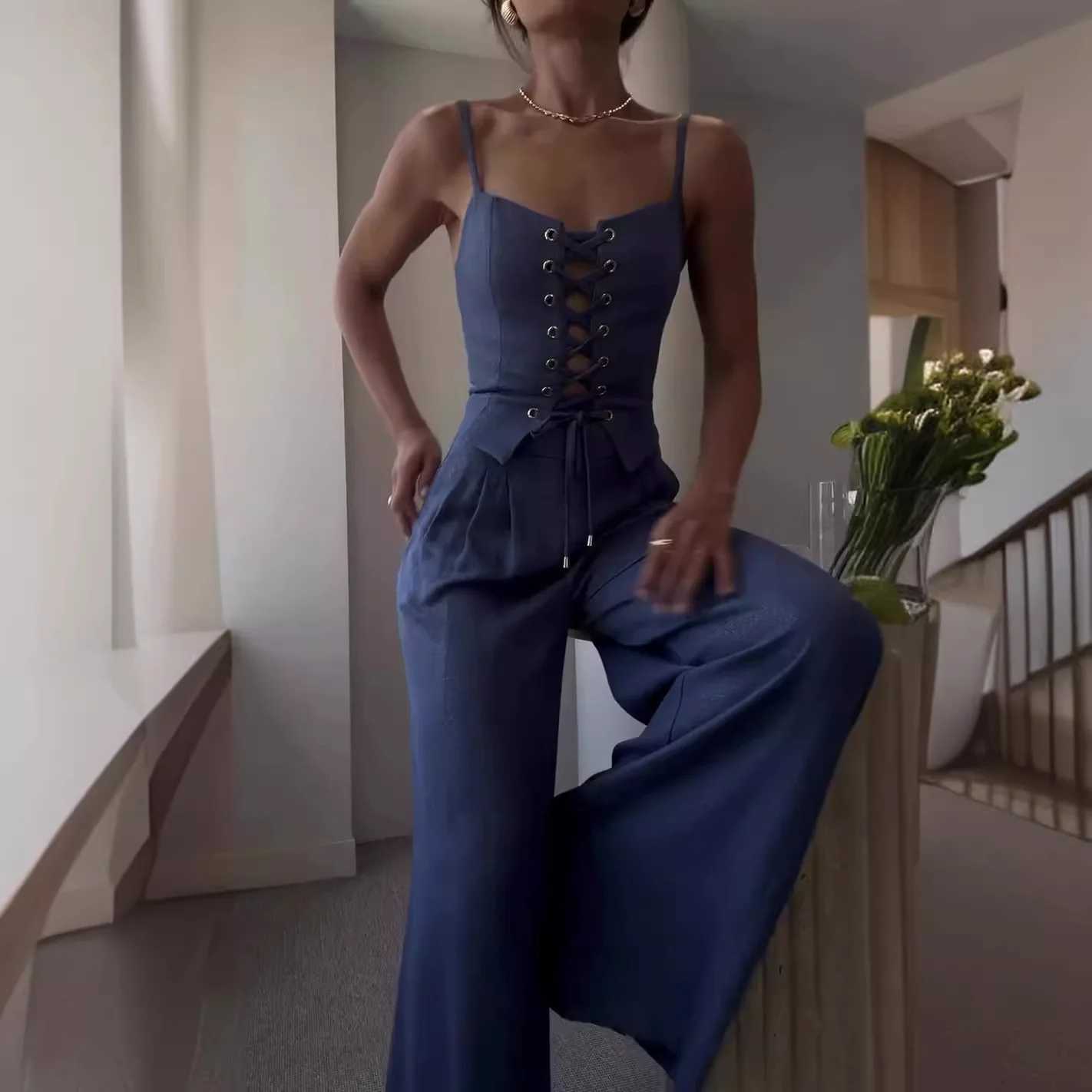 Women Two Piece Sets Pant Set Sling Slveless Sexy Hollow Out Sheath Short Tops Wide Leg Long Pants Casual Elegant Splice X250704