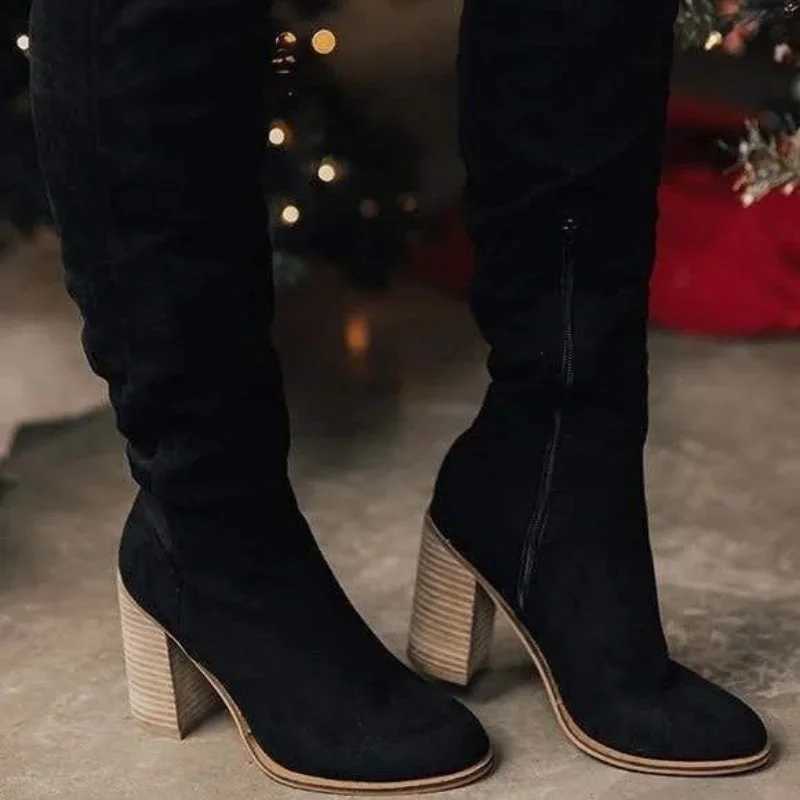 Knee High Boots Women 2025 New Thick Heel High Heel Small Person Show Thin Suede Boots Women Side Zipper Boots Brown Long Boots Z250704