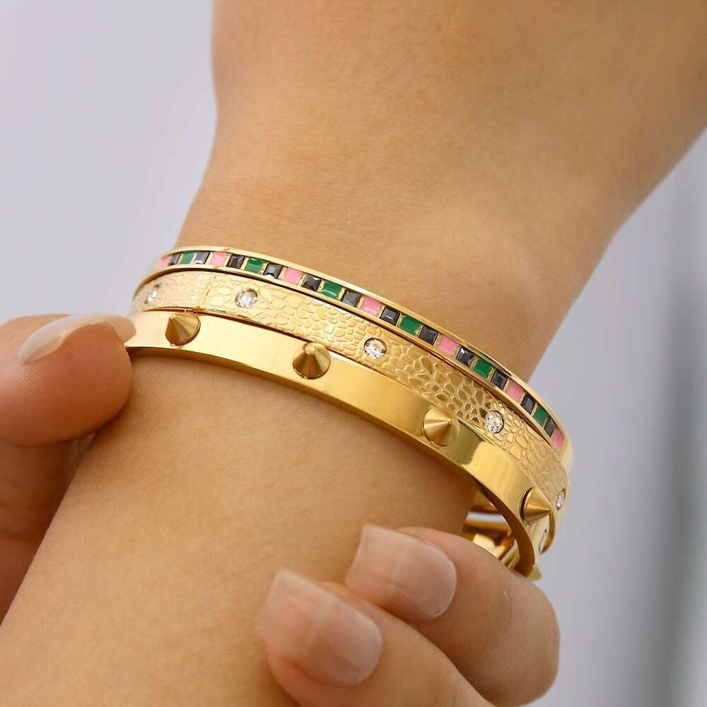 DHCollections 18K Gold Plated Geometric CZ Bracelet - Minimalist Stainless Steel Bangle for Women | Hypoallergenic Fashion Jewelry (58g)