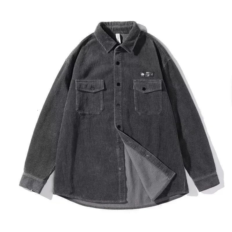 Autumn Long Sleeve Corduroy Shirts Mens Korean Fashion Y2K Vintage Casual Baggy Blouses Appliques Streetwear Cargo Shirt 250704