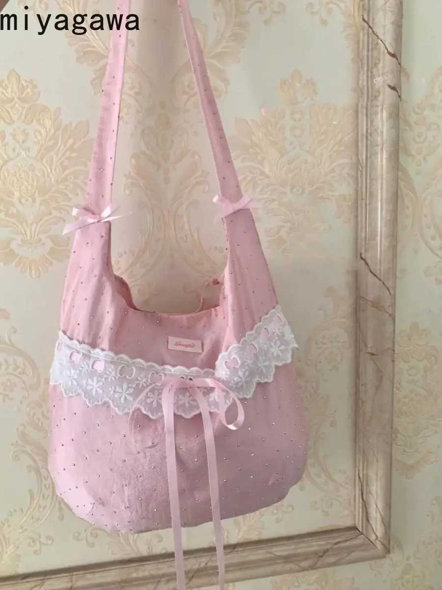 2024 New Womens Japanese Korean Bow Lace Shoulder Bag Large Capacity Casual Sweet Student Canvas Bags XJ250704