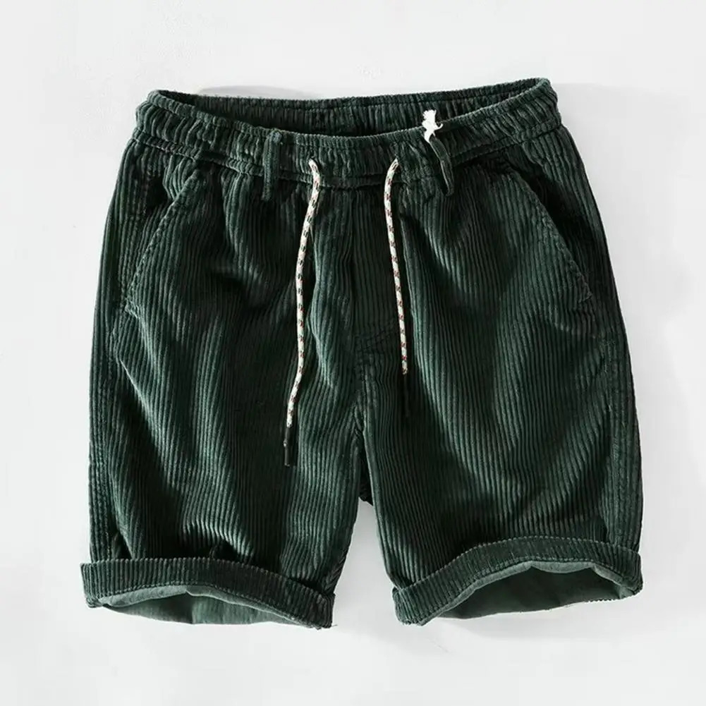 Comfortable Three-quarter Pants Stylish Mens Elastic Waist Corduroy Beach Shorts with Pockets Adjustable Drawstring for Summer 250704