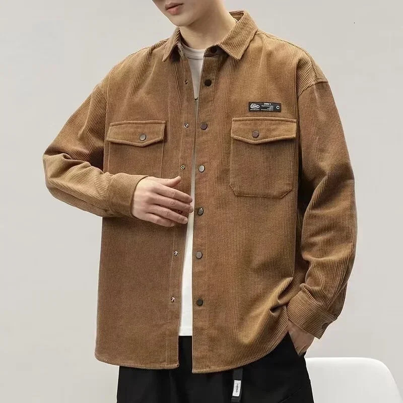Autumn Long Sleeve Corduroy Shirts Mens Korean Fashion Y2K Vintage Casual Baggy Blouses Appliques Streetwear Cargo Shirt 250704