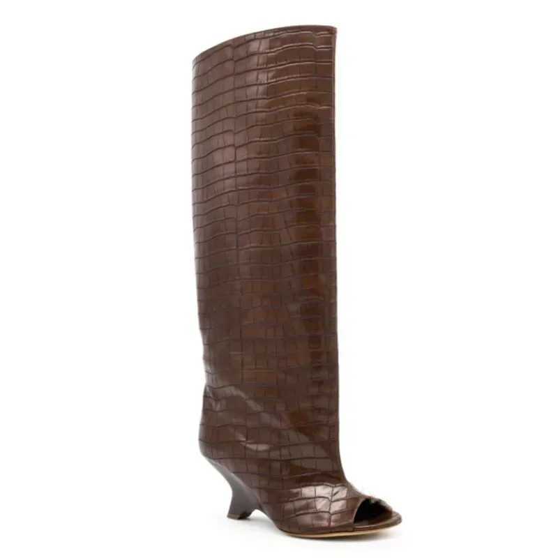 2025 Womens Fish Mouth Thick High Heels Knee Length Cool Boots Slant Heel Fashion Show Large Size Spring/Summer Womens Boots Z250704