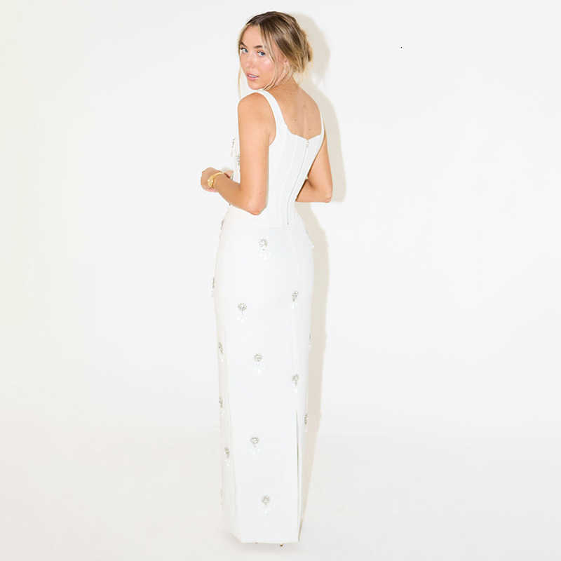 Fashion Evening Dress Women's Sleeveless Square Neck Crystal Embellished Socialite Style Backless Slit Long Dress Set