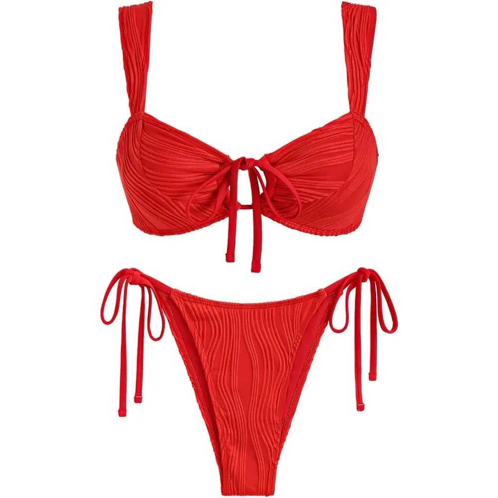 Womens Cinched Bikini Solid Color Wave Textured Knotted Tied Side Two Piece Swimsuit Bathing Suits XJ250624