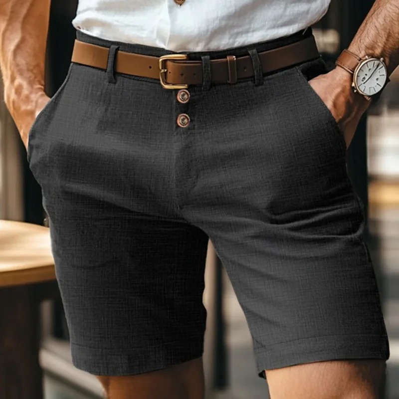 Mens Linen Summer Solid Color Button Casual Daily Breathable Straight Five-point Shorts 250704