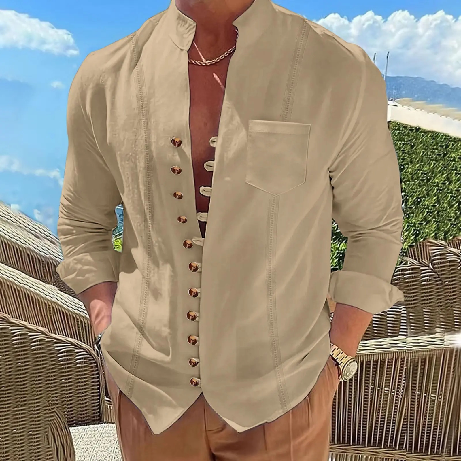 Mens cotton and linen pocket retro stand-up collar long-sleeved shirt Casual multi-button solid color striped cardigan 250704
