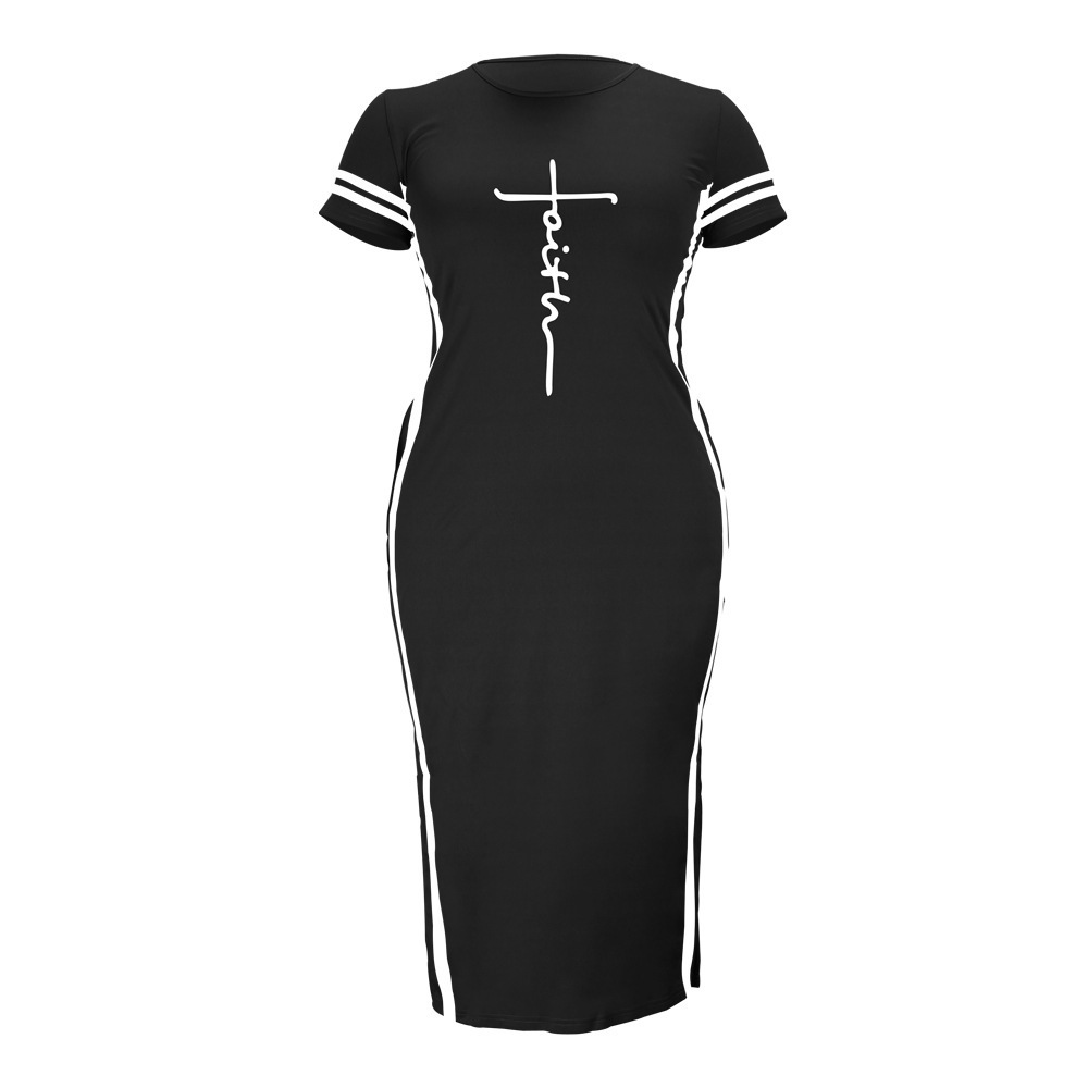 P74Hot selling short sleeve round neck positioning printing fashion large size dress for women