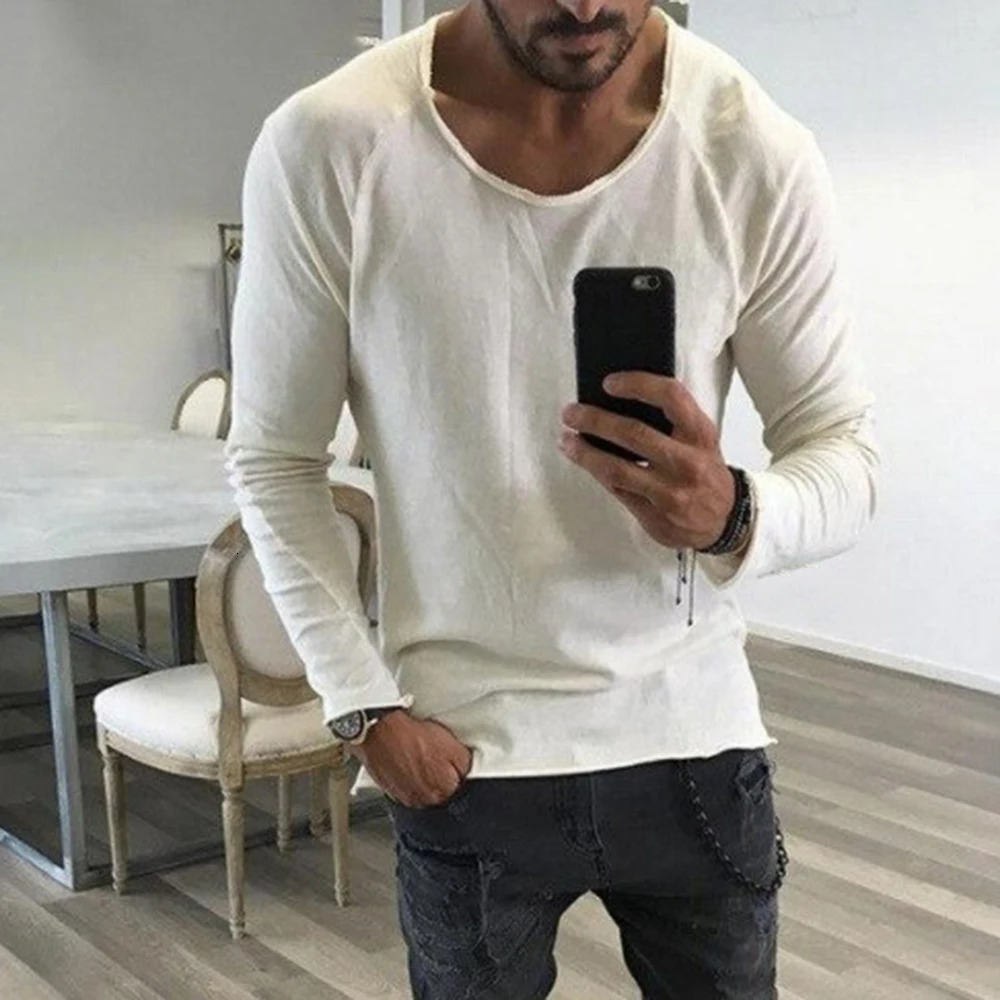 Mens Casual Round Neck Top Autumn And Winter Fit Youth Personality Raw Edge Solid Color Long-Sleeved T-Shirts For Men 250704