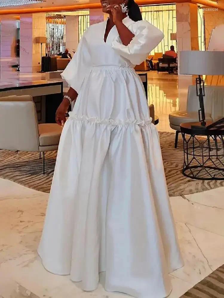 Casual Dresses Women Minimalist Solid Color Sleeves Falbala Party Evening Dress Spring Autumn Loose Date Night Styling Maxi Plus Sizes 5XL