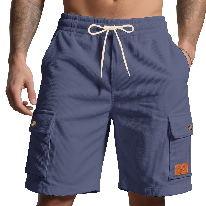 High-Quality Corduroy Solid-Colored Shorts For Men In Summer Casual Shorts With Leather Labels And Trendy Beach Sports Shorts 250704
