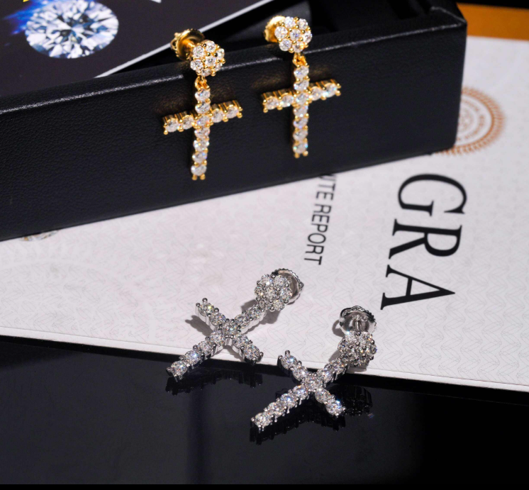 Hot Moissnaite Earring Fine Jewelry 925 Sterling Silver Gold Plated Iced Out VVS Diamond Moissanite Cross Hang Drop Earrings