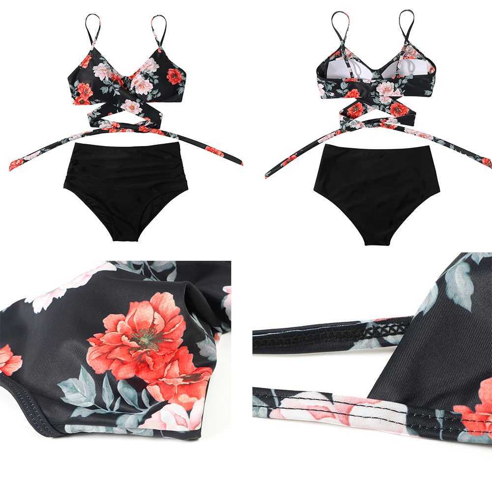 High Waist Sexy Bikini Set 2024 Biquini Swimwear Women Two Pieces Swimsuit Floral Beachwear V-Neck Bathing Suits Female XJ250624