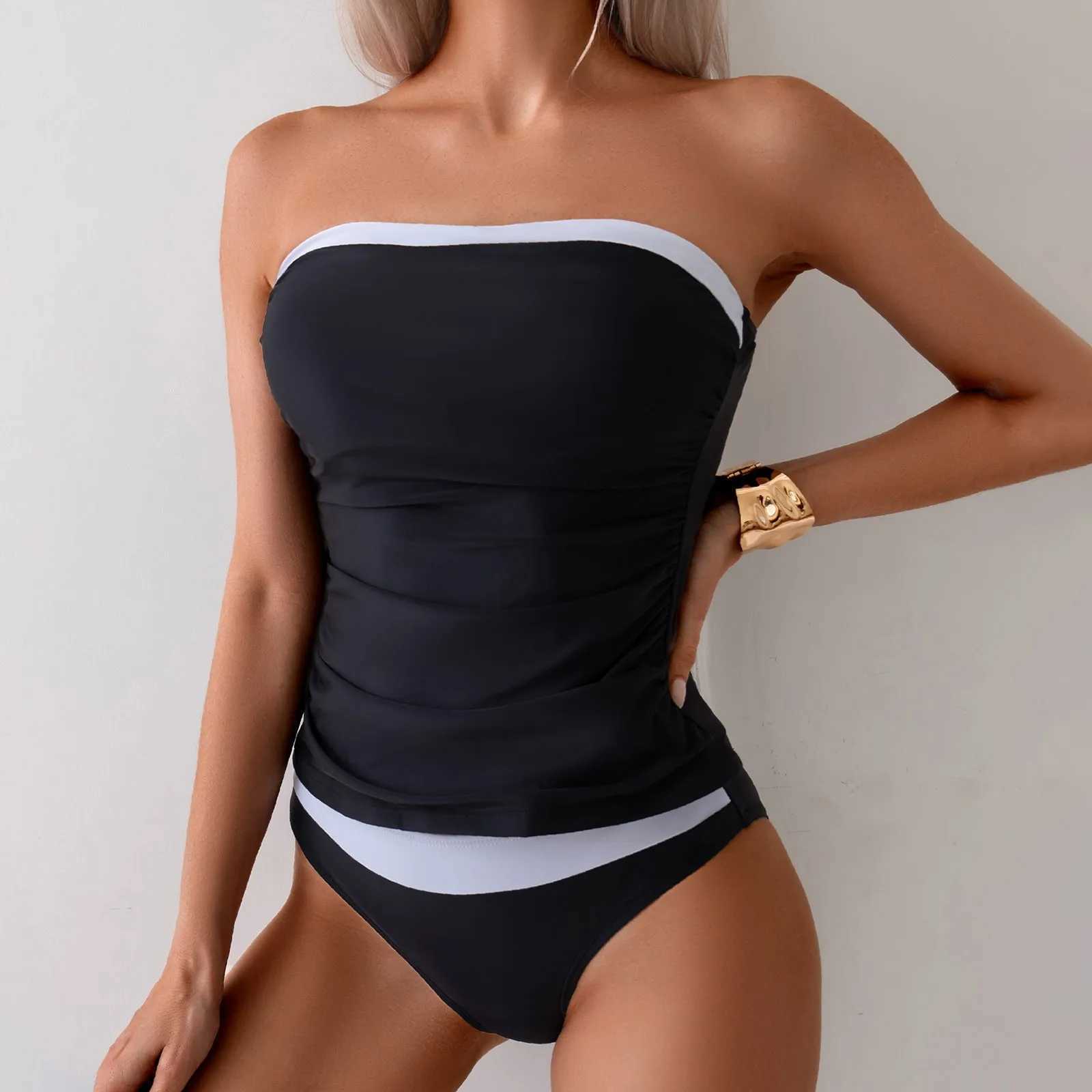 Sexy WomenS Strapless Ruched Bikini Set Fashion Black And White Contrasting Beach Swimsuit Bathing Suit 2025 Summer Trend XJ250624