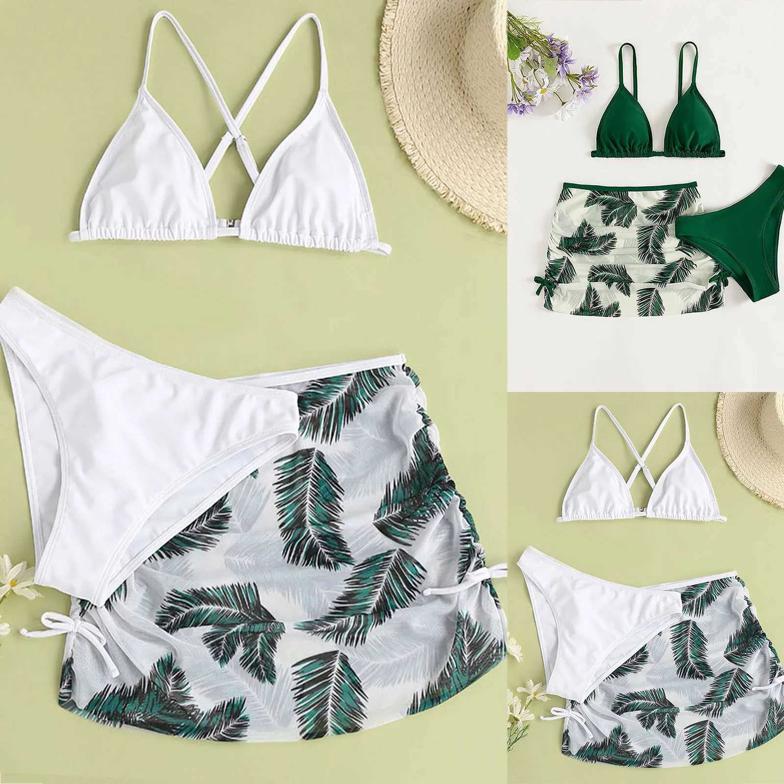 Kids Child Girls 3 Piece Swimsuits Bathing Suit Solid Bikini Top Underpants Leaf Print Skirt Summer Swimwear Beachwear Swim Suit XJ250624