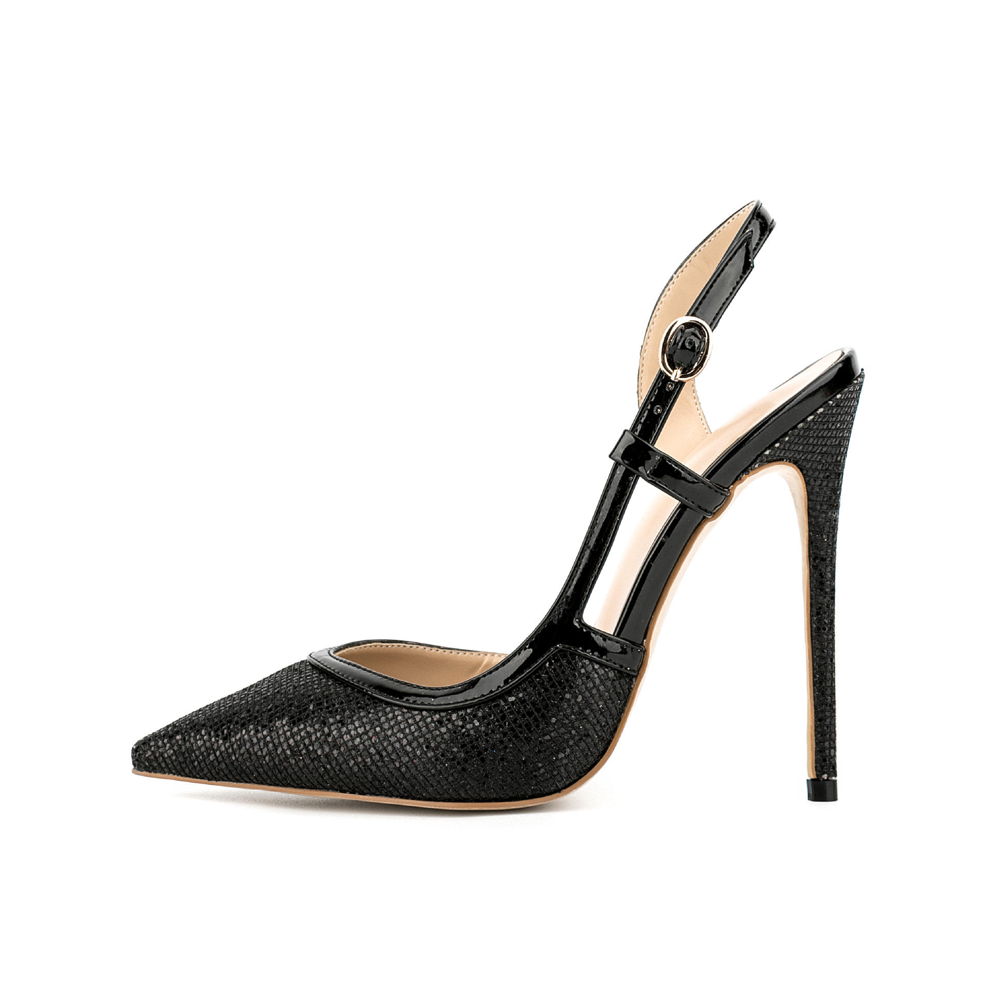 Chengdu Handmade Sparkle Stiletto Evening Sandals - Pointed Toe 10cm/12cm Heels with Ankle Strap (Stage and Banquet Shoes) Open Back, Ultra Fiber Leat